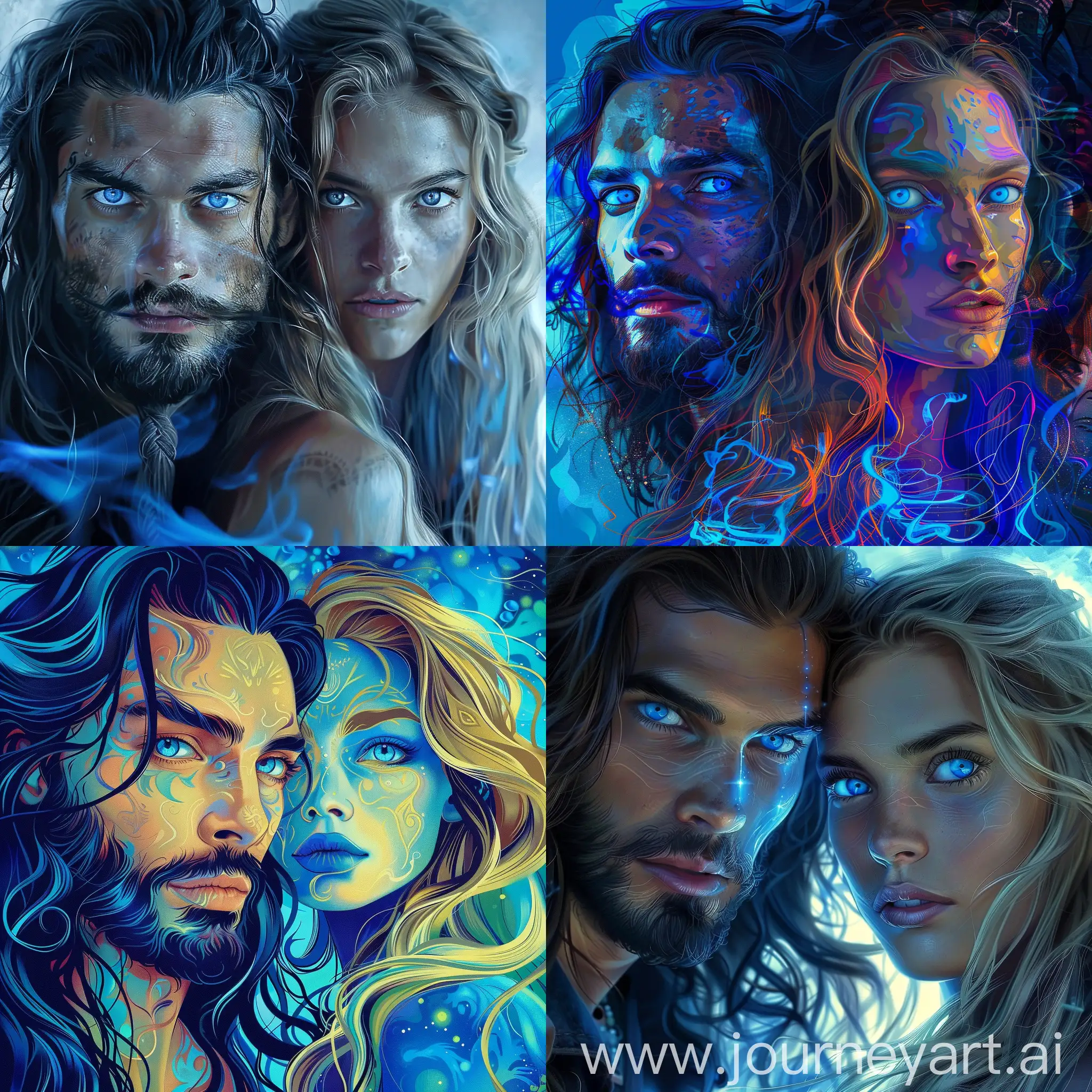 A man with blue eyes, dark long hair and a beard. And a woman with blue eyes and long blond hair. Psychedelic style.