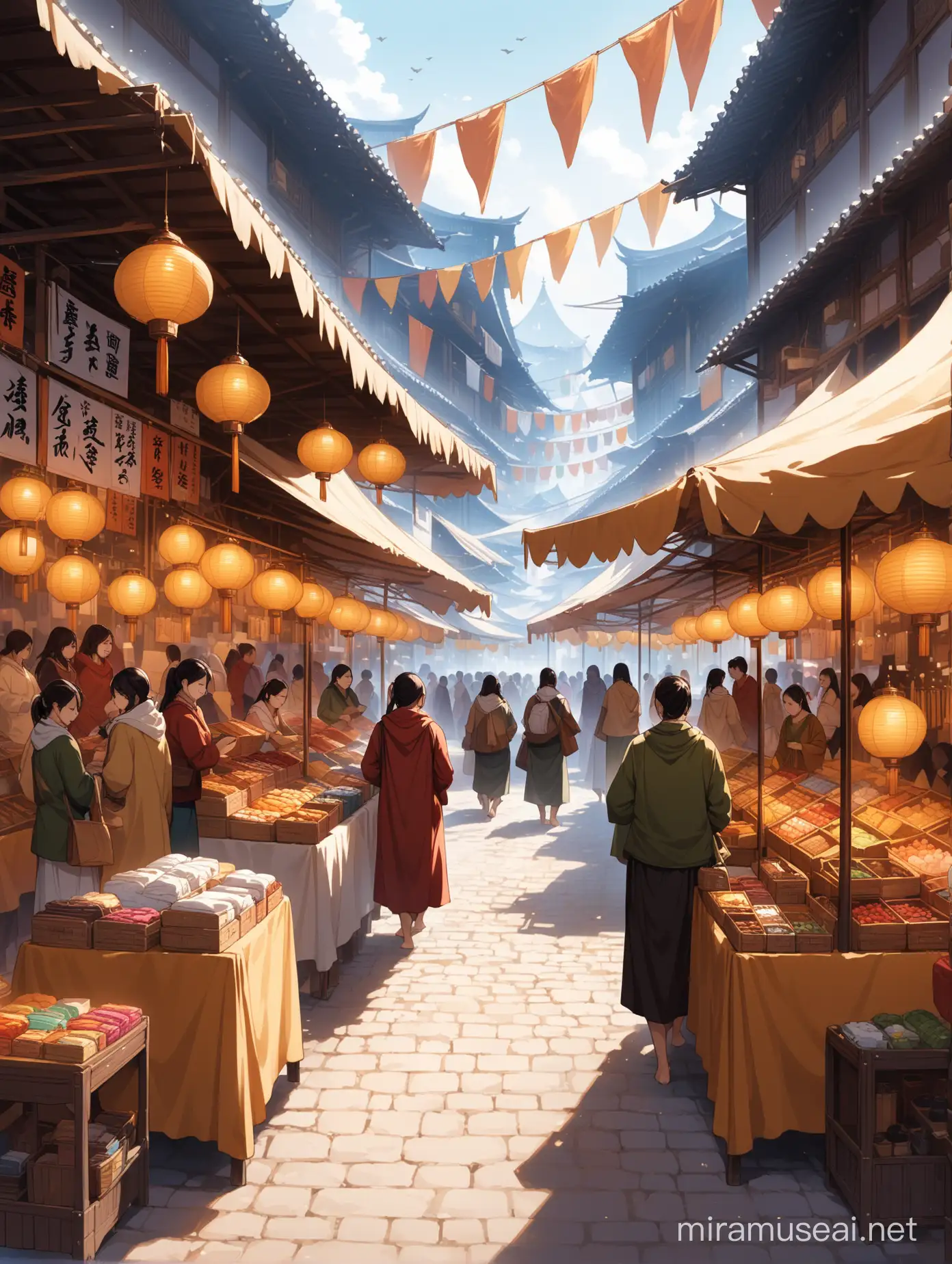  a marketplace bustling with activity, Stalls are filled with a variety of goods, Among them are items labeled with personal attributes such as time, talents, self-worth, and relationships.