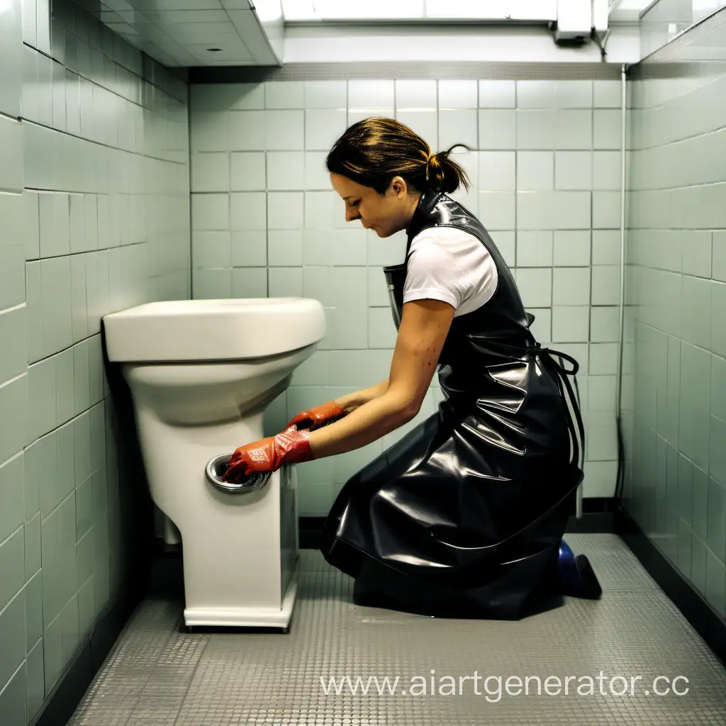 женщина в резиновом фартуке на коленях моет общественный туалет