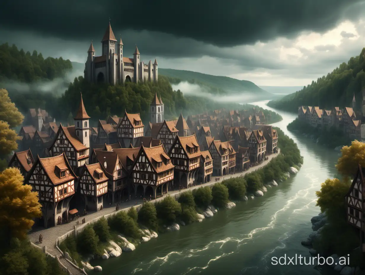 epic medieval town on a wide river in an overcast fantasy forest landscape, highly detailed digital painting