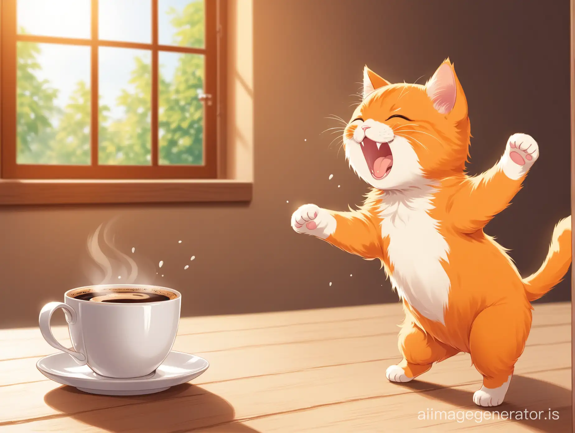 kitten yawning next to a cup of coffee, photo, Shutterstock contest winner, smiling and dancing, orange cat, scene!!