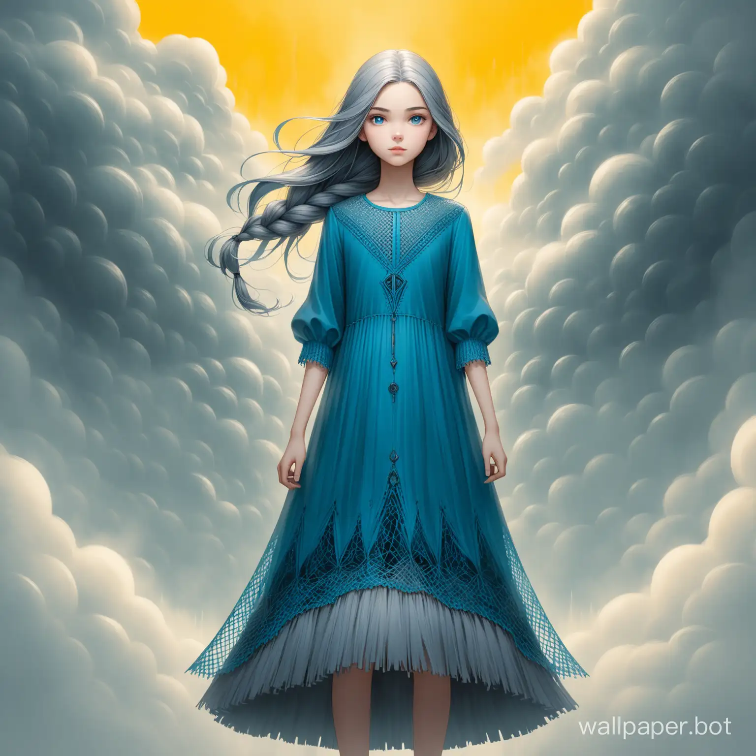 Gabriel Pacheco style, atmosphere yellow background in a foggy cloud, (close ap!)  girl 15 years old,  clear blue eyes, big gray hair braided, long loose dress with sewing at the bottom, intricate details, octane, bright 3D illustration, clear, bold brush strokes, height - 3/4