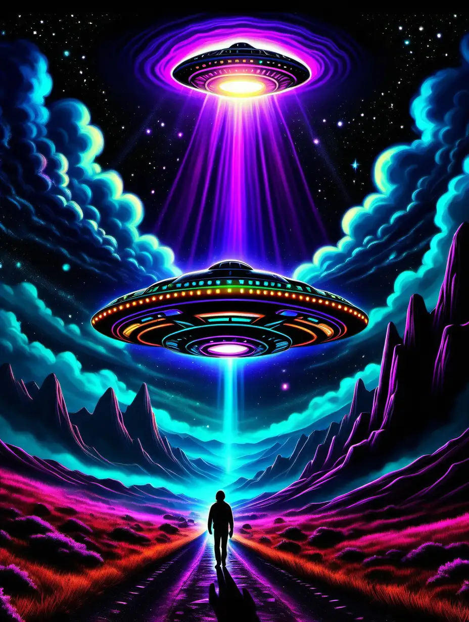 ufo flyin above a  black background, neon colors on spaceship, blacklight bright colors, dreamy, realistic stars in the galaxy sky, psychedelic, velvet, digital painting, atmospheric sky,  ufo glowing with dreamy clouds in the background, mountains down below, a valley with a walkway and a silhouette of a person walking on it getting closer to the light from the ufo, very realistic
