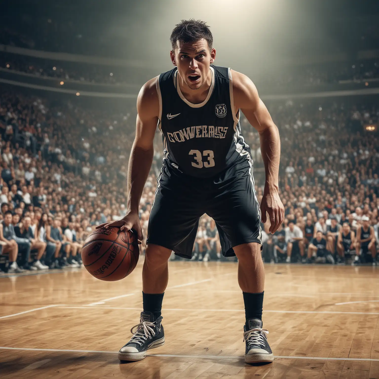 player portrait with converse shoes, angry face, basketball stadium background, crowd, cinematic lighting