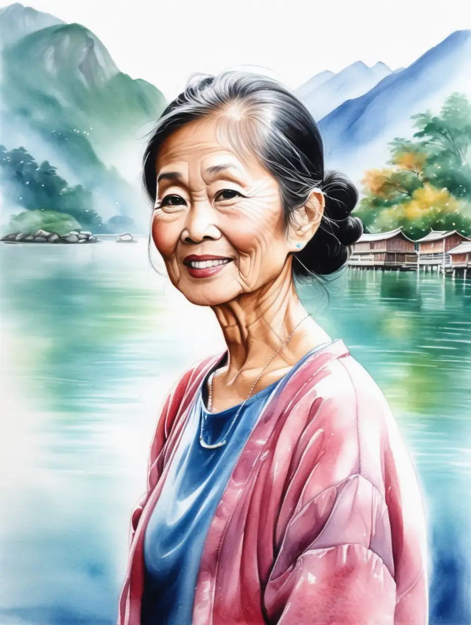 Asian Lady Portrait with Scenic Watercolor Background for Profile Picture