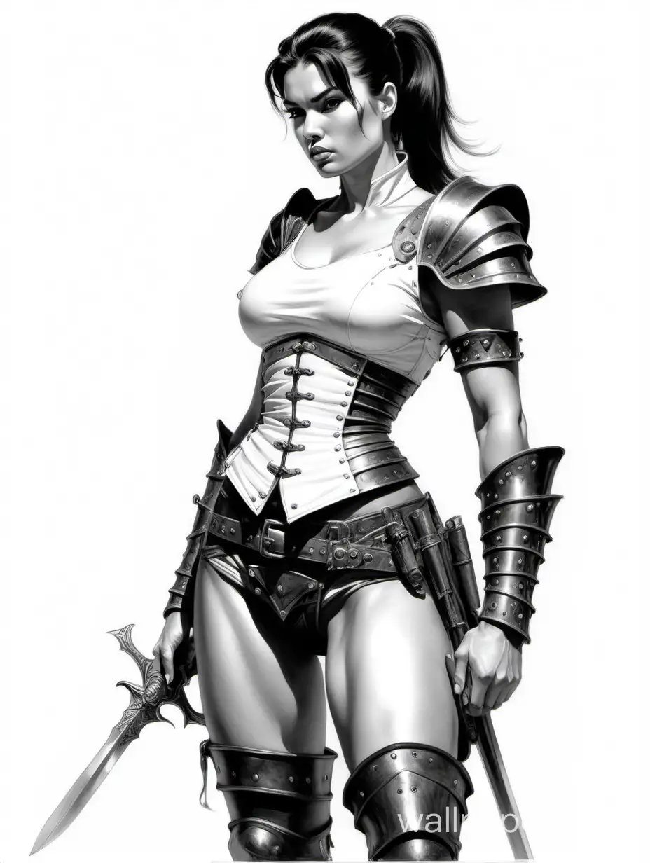 Young girl, Ekaterina Shpitsa. Short dark hair with a ponytail. Leather half-open armor. Large chest. Narrow sculpted waist. Wide hips. Peacemaker of the West. Weapon. Black and white sketch. White background. Knee-length view. Style Boris Vallejo.