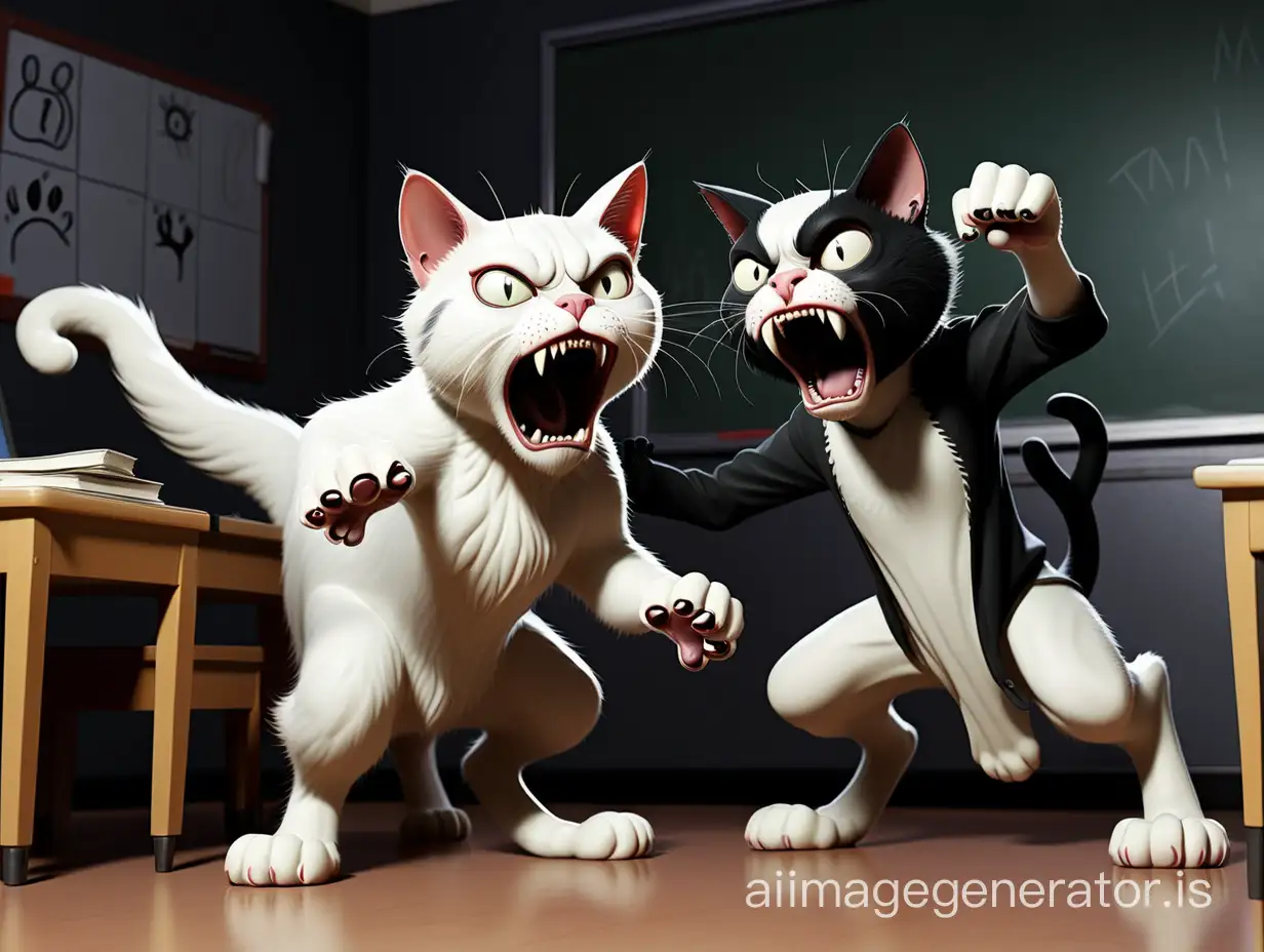 a white and black scary cat attacking a man by two paws in darkest classroom.
