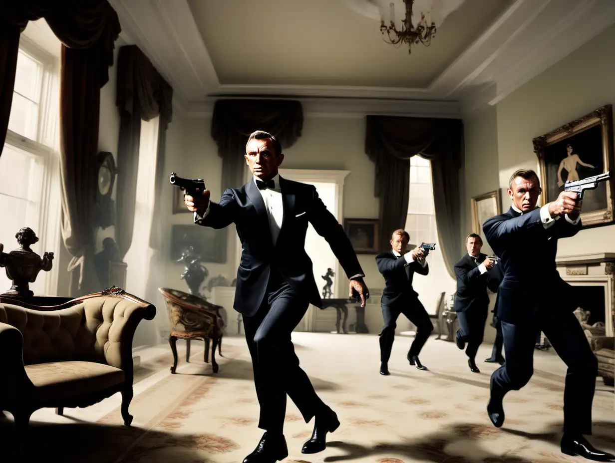 James Bond chased by men with guns in a mansion in London by frank frazetta, photograph, photorealistic and hyper realistic, wide angle