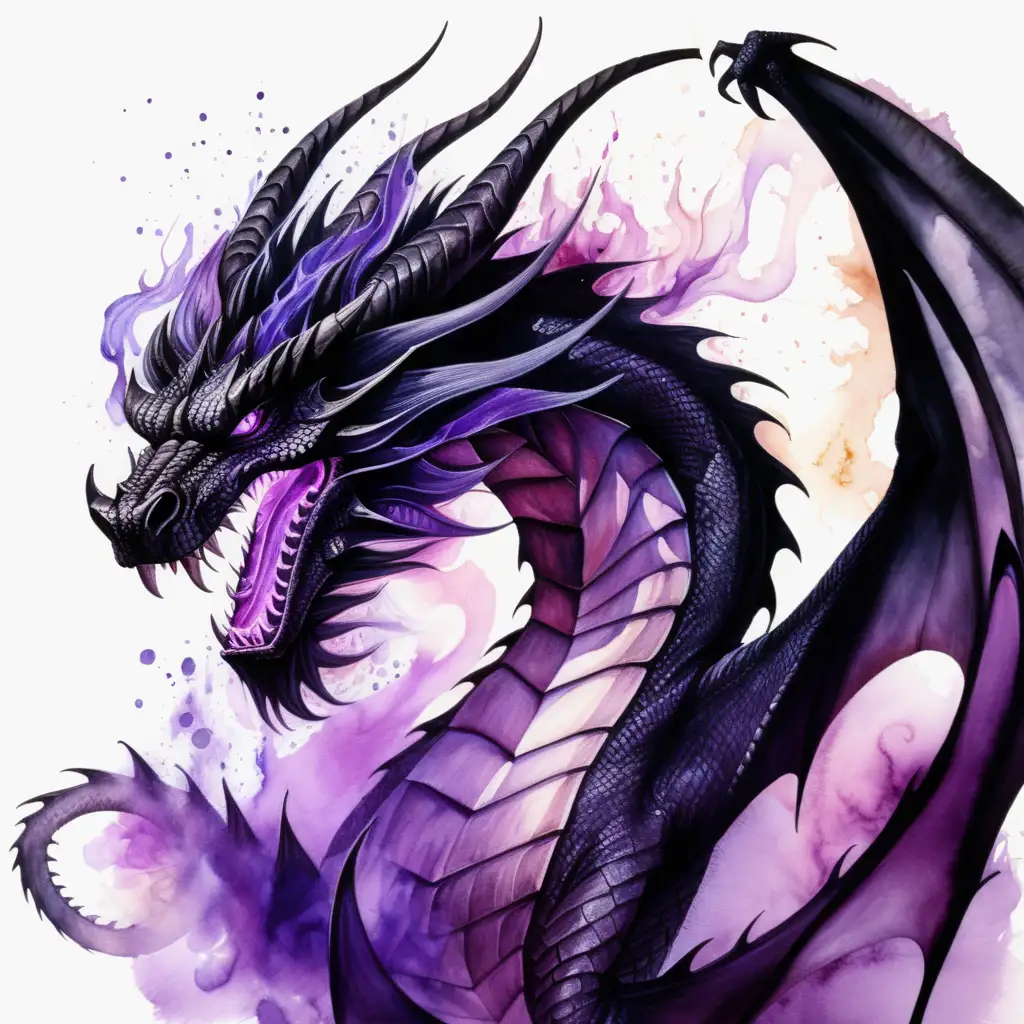 black shadow dragon with purple flames, dark watercolor drawing, no background