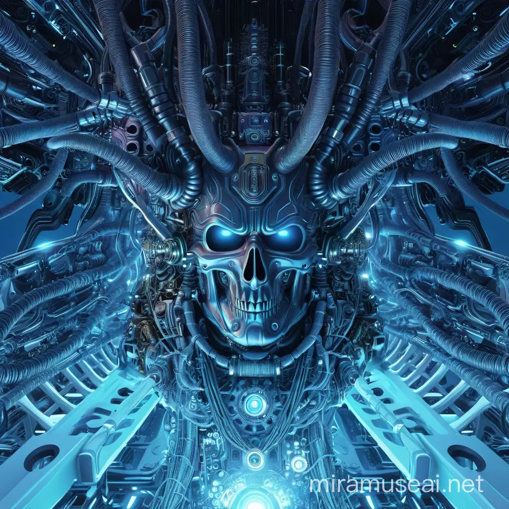 Psychedelic visionary world 3d hyper detailed, devil man, cables , machines, engine parts , robotic, engines temaple