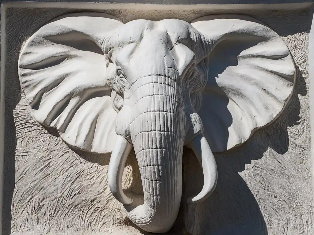 White-Basrelief-Elephant-Head-Sculpture-on-Stucco-Background