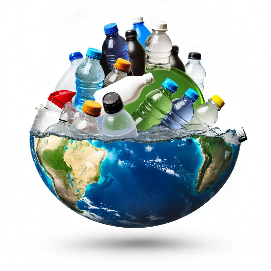 half planet earth, half plastic water bottles, plastic garbage, white background