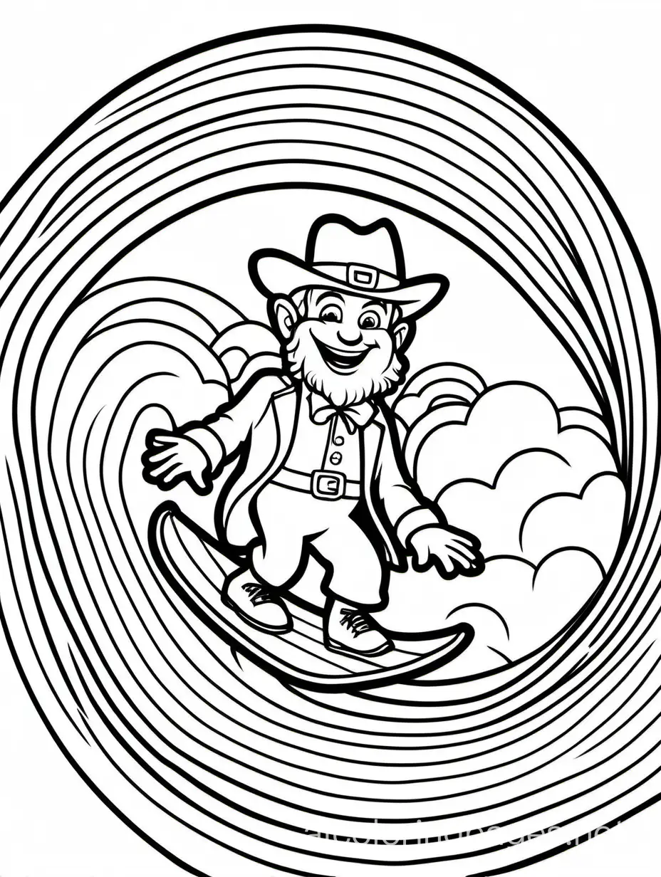 Leprechaun surfing on a rainbow wave for St. Patrick's Day for kids, Coloring Page, black and white, line art, white background, Simplicity, Ample White Space. The background of the coloring page is plain white to make it easy for young children to color within the lines. The outlines of all the subjects are easy to distinguish, making it simple for kids to color without too much difficulty