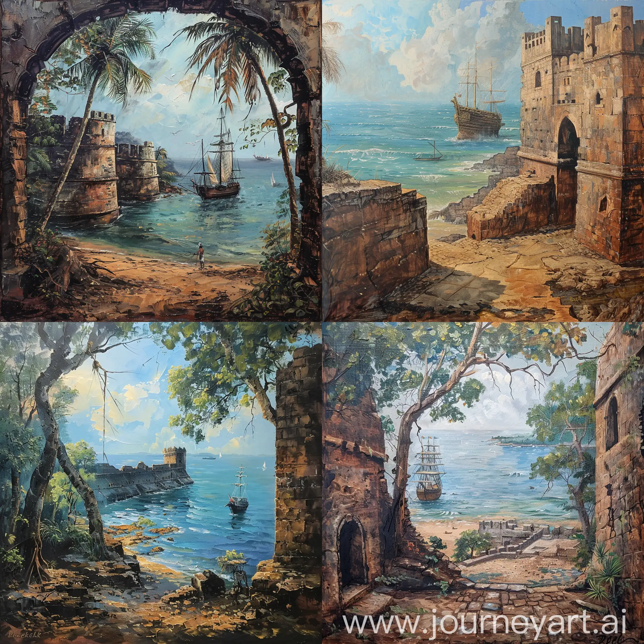 Vintage-Watercolor-Painting-of-Bekal-Fort-and-Ancient-Ship-on-the-Seashore