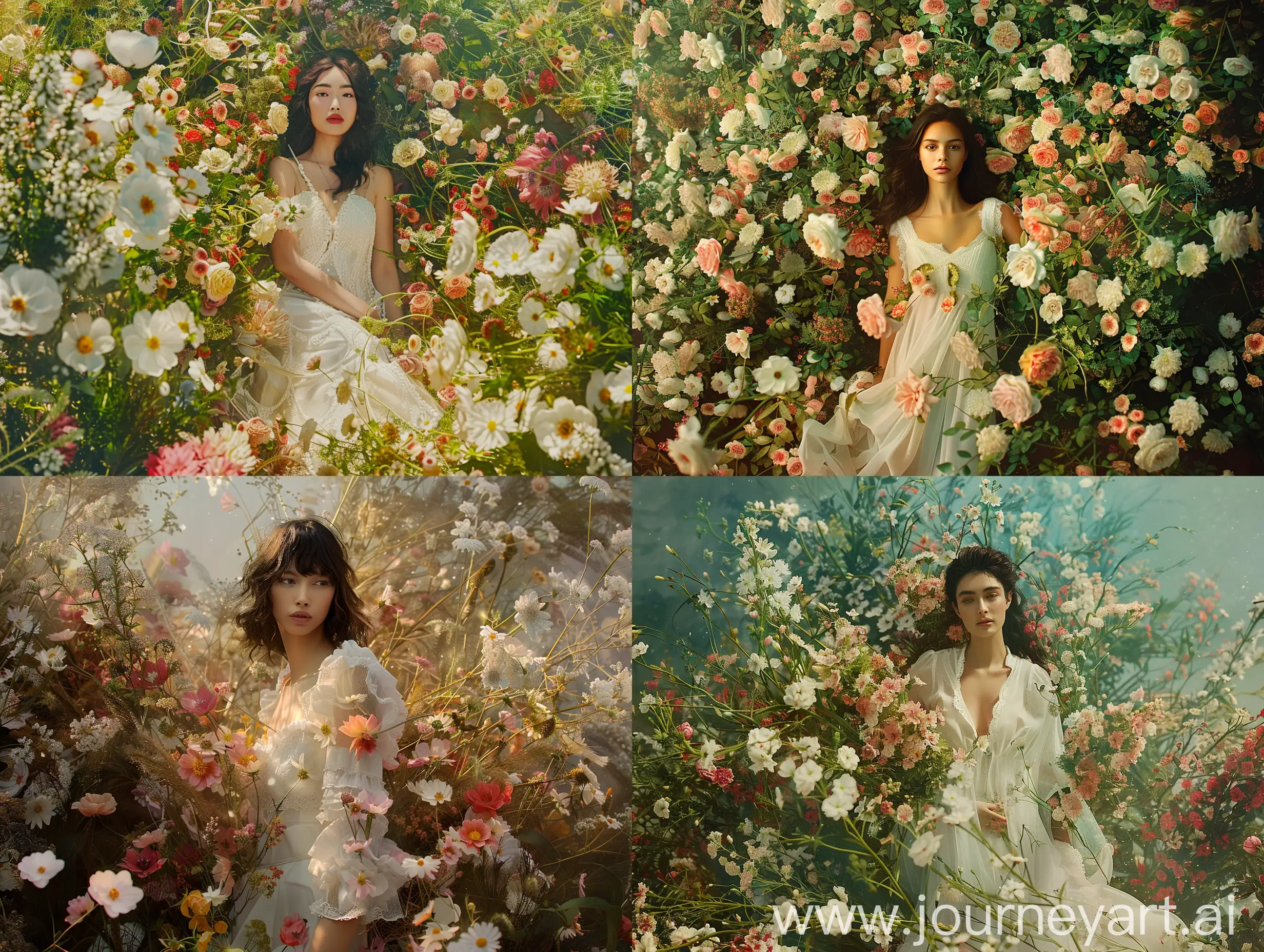 Natural photo , 8k , realistic , this captivating image, we are presented with a serene scene that encapsulates the essence of natural beauty and elegance. At the heart of the composition is a woman, who stands enveloped in an array of flowers, adding a sense of vitality and freshness to the scene. She is dressed in a pristine white dress that exudes a sense of purity and grace, perfectly complementing the natural surroundings. The outdoor setting feeling of freedom and harmony with nature. The woman's presence is strong yet graceful, as she becomes one with the floral backdrop that surrounds her. Her attire and the way she blends into the environment suggest a celebration of natural beauty and femininity. It's as if she is part of a larger narrative that speaks to the connection between humans and the natural world.