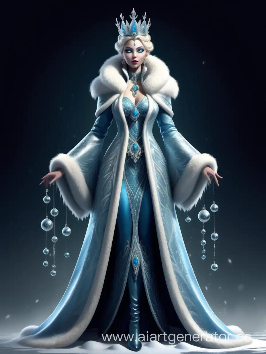 Концепт арт холодной снежной королевы в полный рост. Она одета в богатую и тёплую одежду с дорогими блестящими украшениями