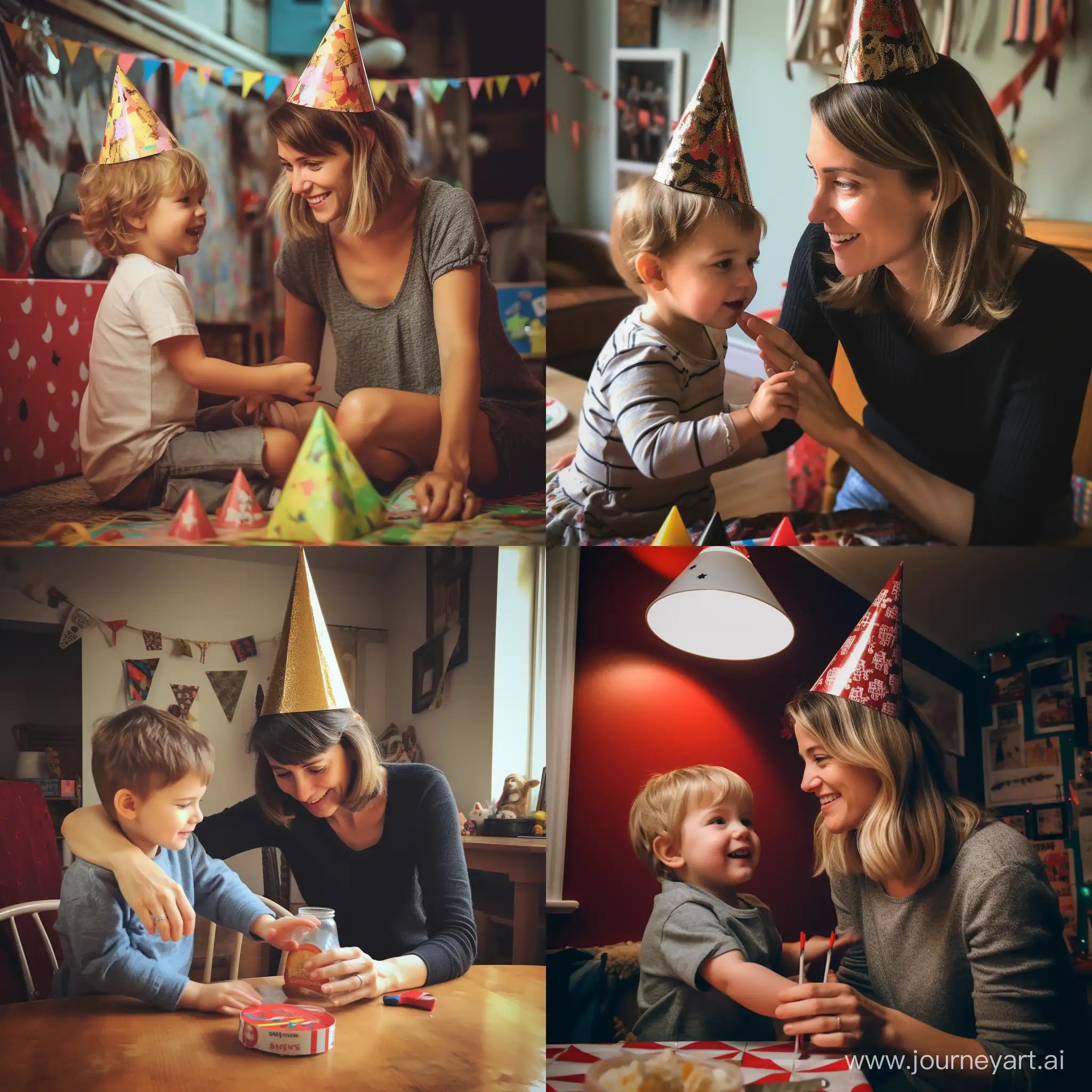 Mother-Celebrates-Childs-Birthday-with-Hat-at-Joyful-Party