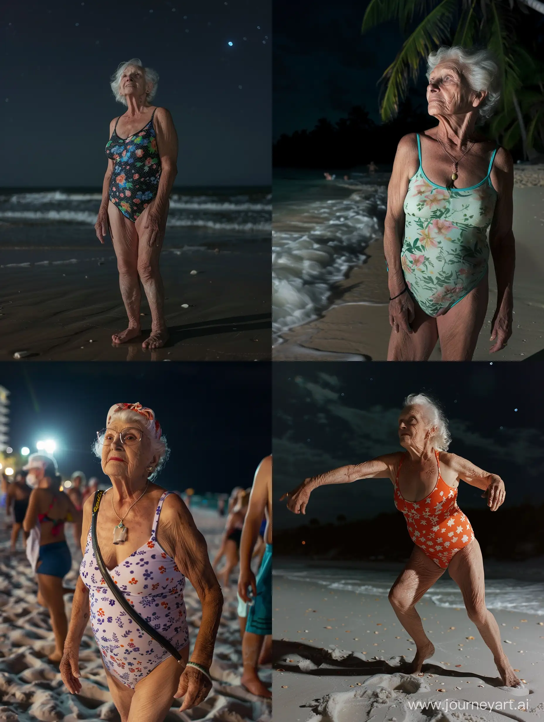 grandmother in a swimsuit on the night beach