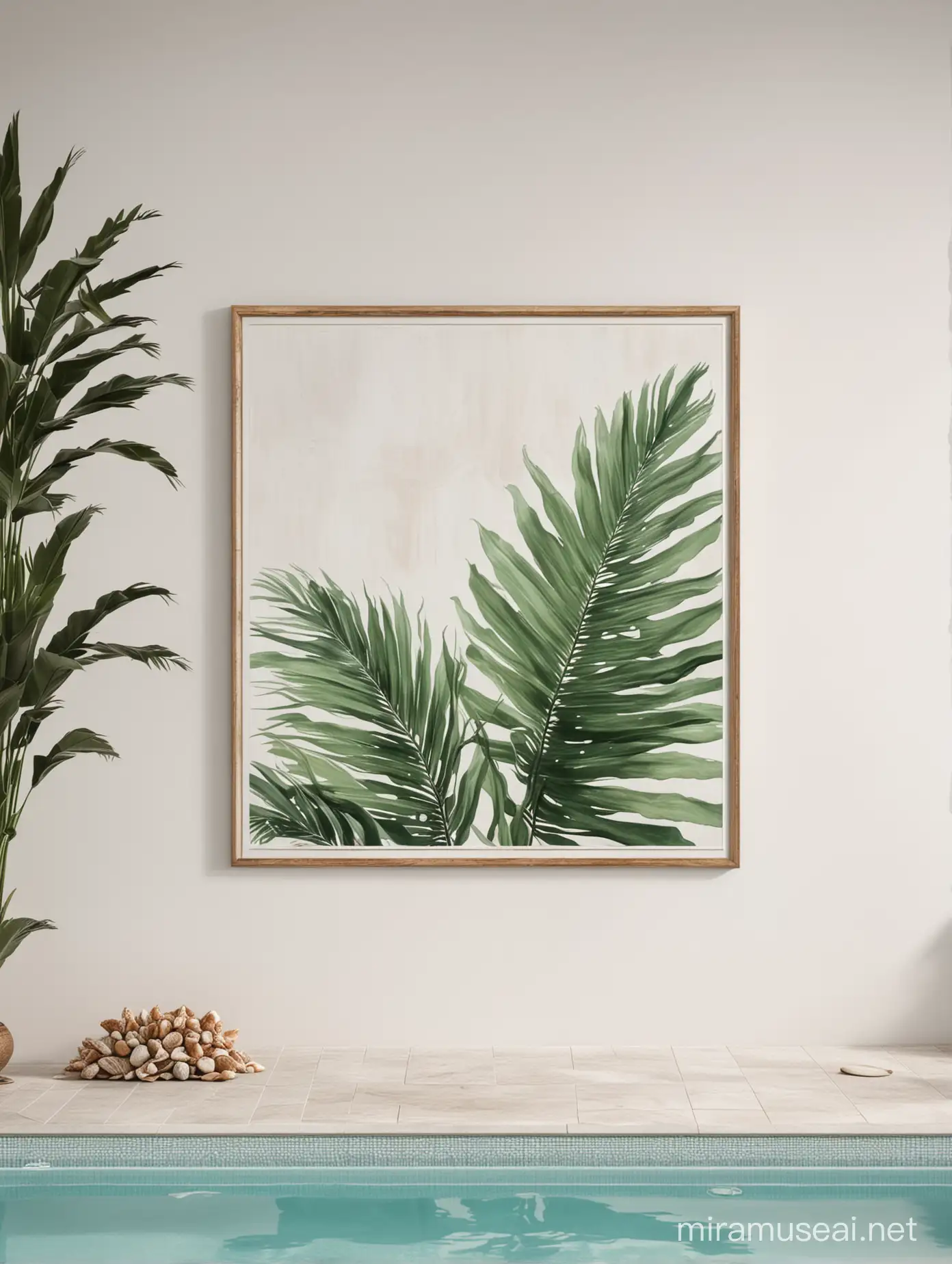 A pool with a white wall behind. Against the wall a framed square canvas. Palm leaf in the top right corner of the image. Shells next to the canvas. 