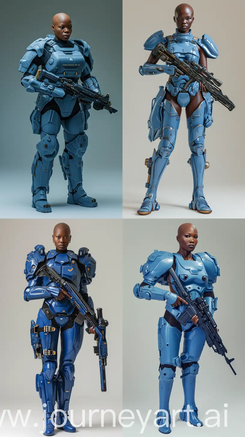 A tall thin bald black woman wearing a suit of blue stormtrooper space marine armor and holding a futuristic rifle. hyperrealistic photograph. entire body shown. feet shown. retro science fiction style. square face shape. --ar 9:16

