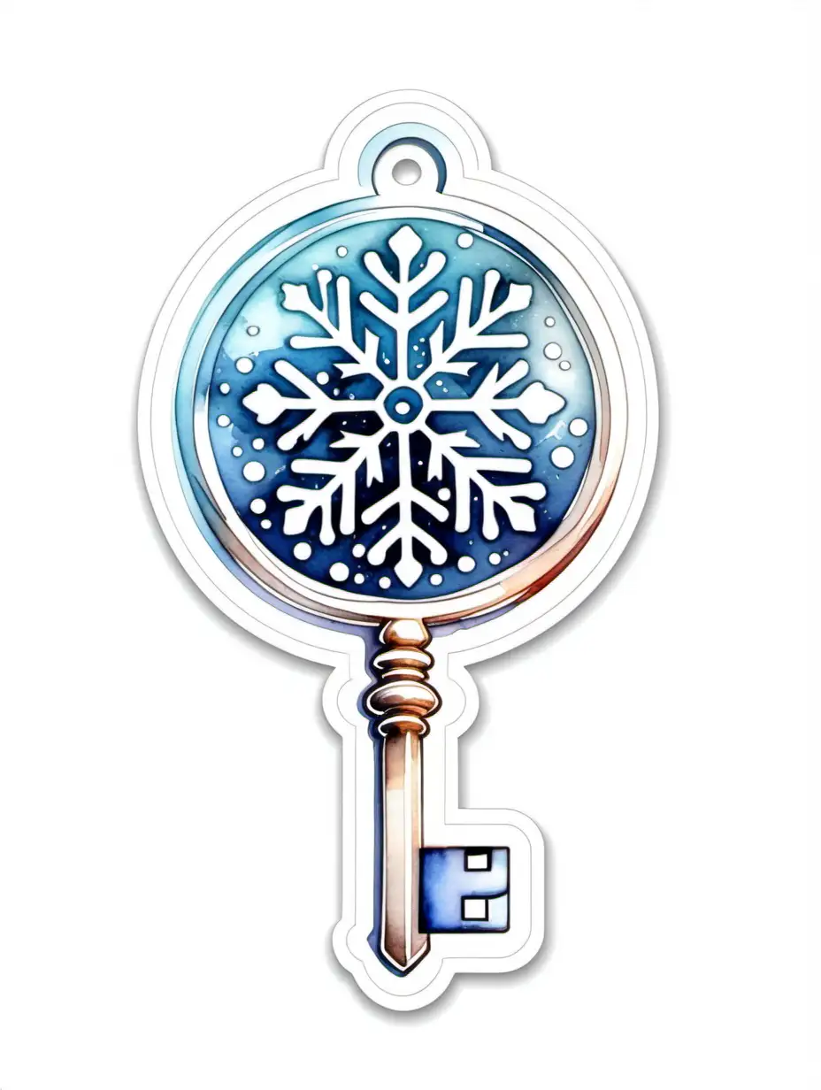 white background, samolepka, jemné obrysy, zimní barvy, akvarel styl, klíč, výplň klíče znázorňuje symbol zim