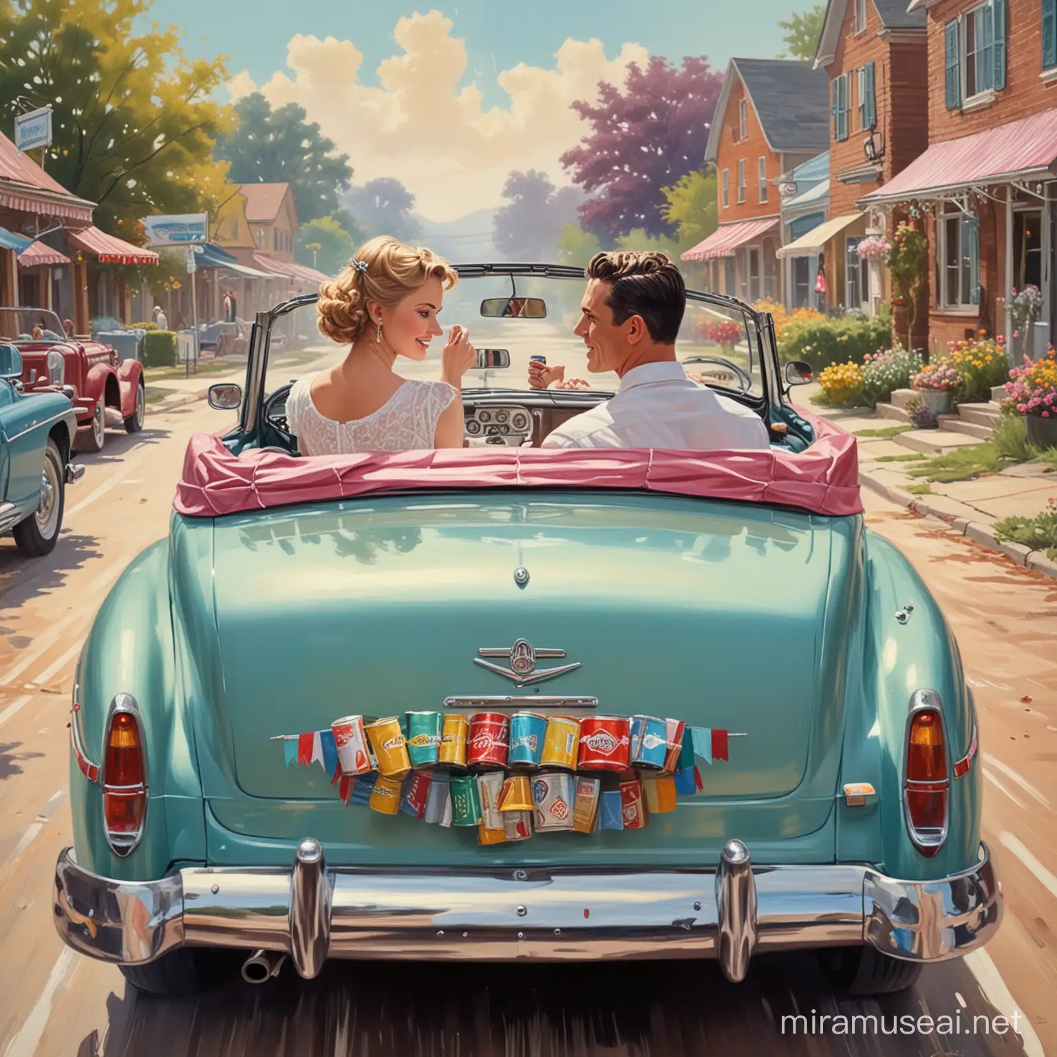 Newlyweds Driving Away in Colorful Vintage Car Just Married 50s Style