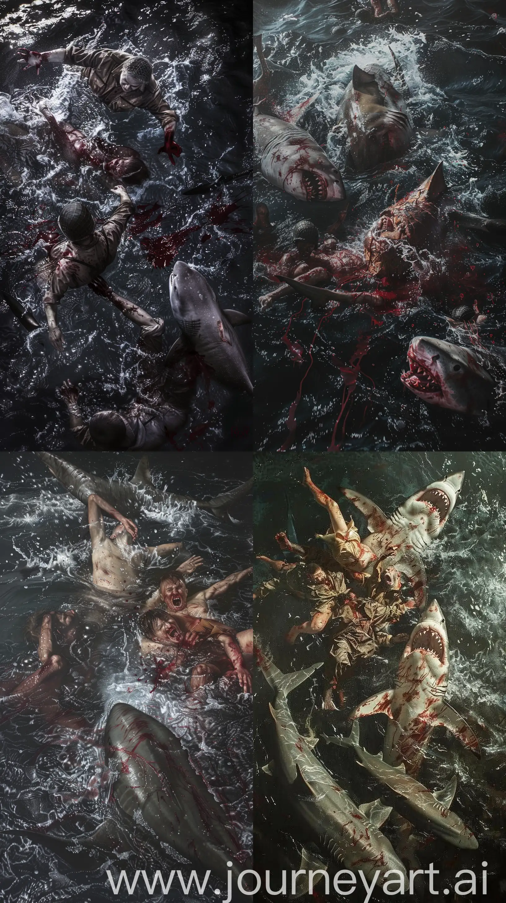  survivors in treacherous waters, trauma, World War II, sharks circling, the toll of survival, hyper-realistic, dark waters, high distress, injuries evident, blood trails, photorealistic painting, harrowing scene --ar 9:16 