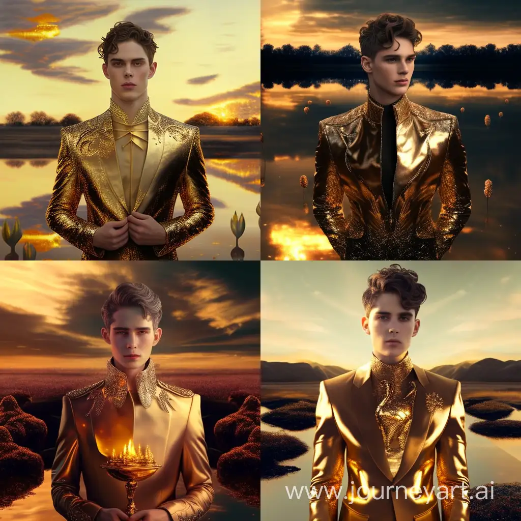 a photo of a young brown-haired guy in a golden shiny couture suit, which mirrors the landscape and sky, a golden crown, candles on the ground reflecting the warmth on his face.