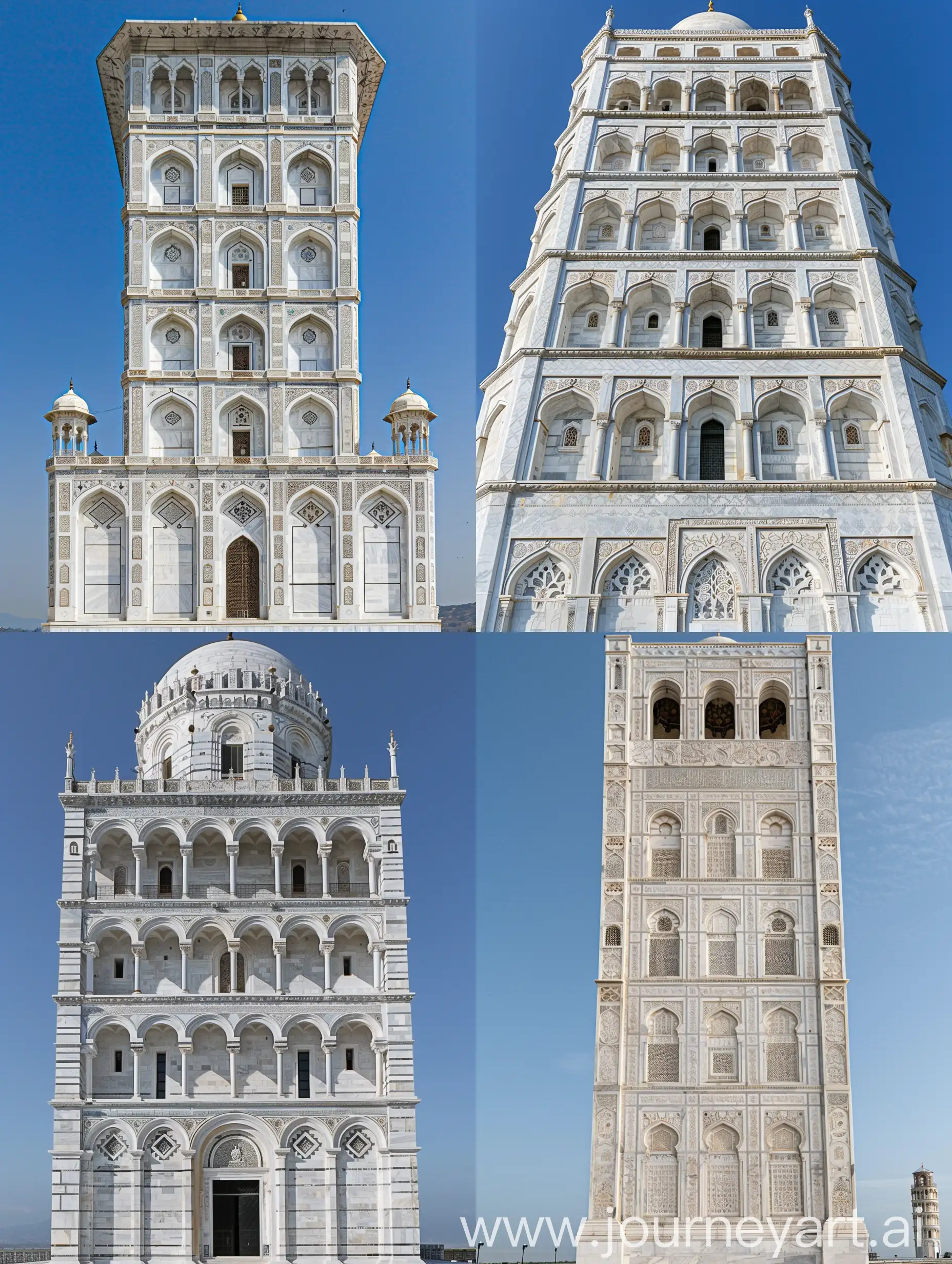 a tall and beautiful Mughal mosque, having Mughal arches and mughal arched windows, Mughal marble carvings on white marbled exterior, Gurudwara dome at the top, Pisa Cathedral influences, full view --ar 3:4