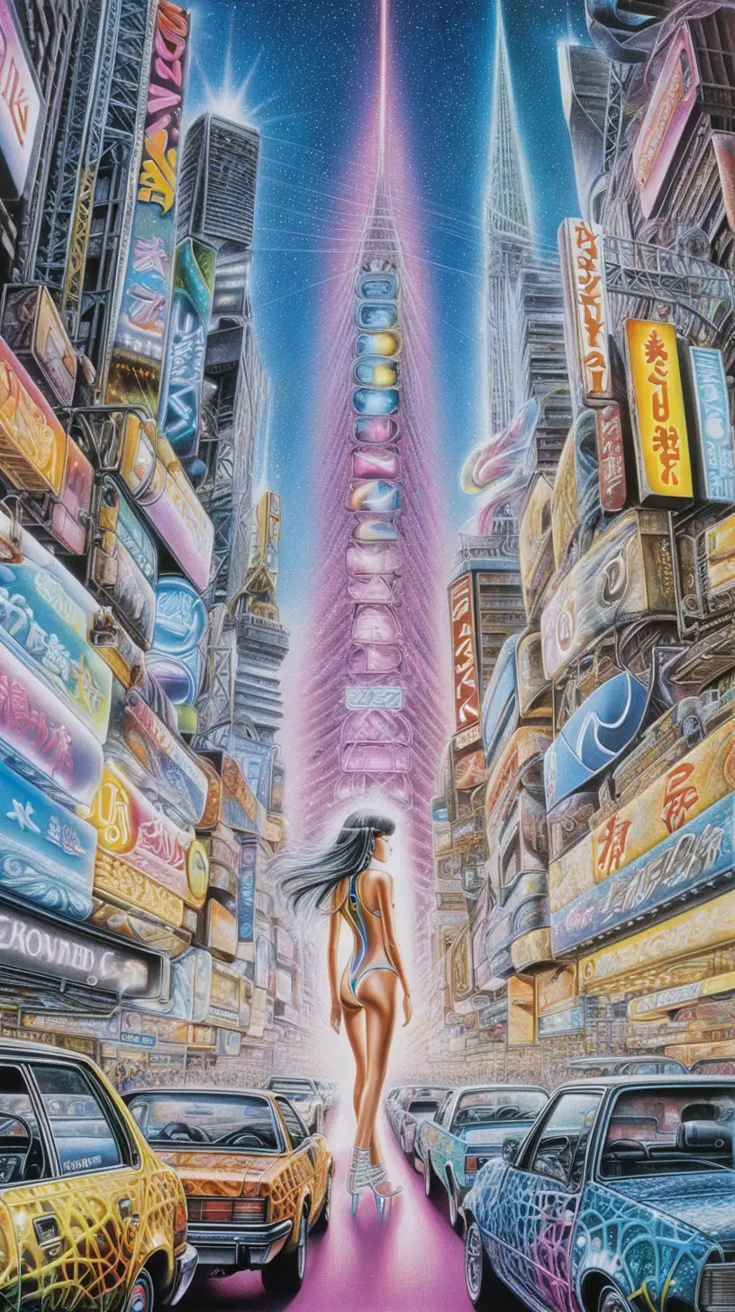 Retro Psychedelic Cityscape Stippled Electric Arc Art by Hajime Sorayama