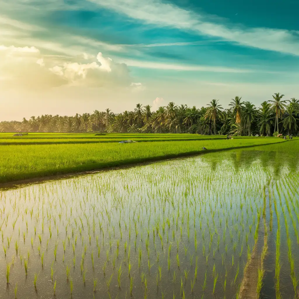 Vibrant Rice Field Landscape with Reflective Water Surface
