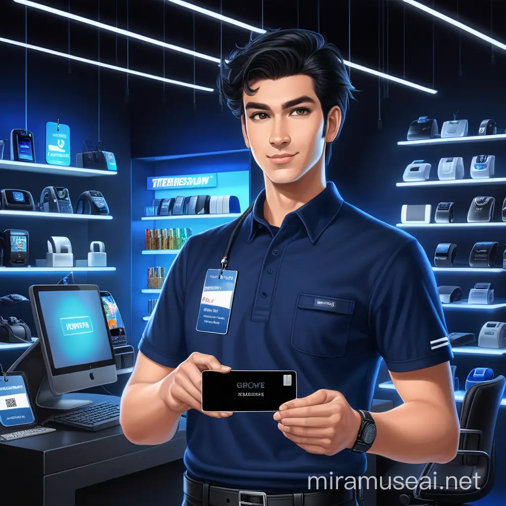 Male american sales employee wearing dark blue uniform, with employee ID tag, Neatly groomed, Black hair, Standing in front of electronic gadgets showroom, Holding mobile, Neon lighting