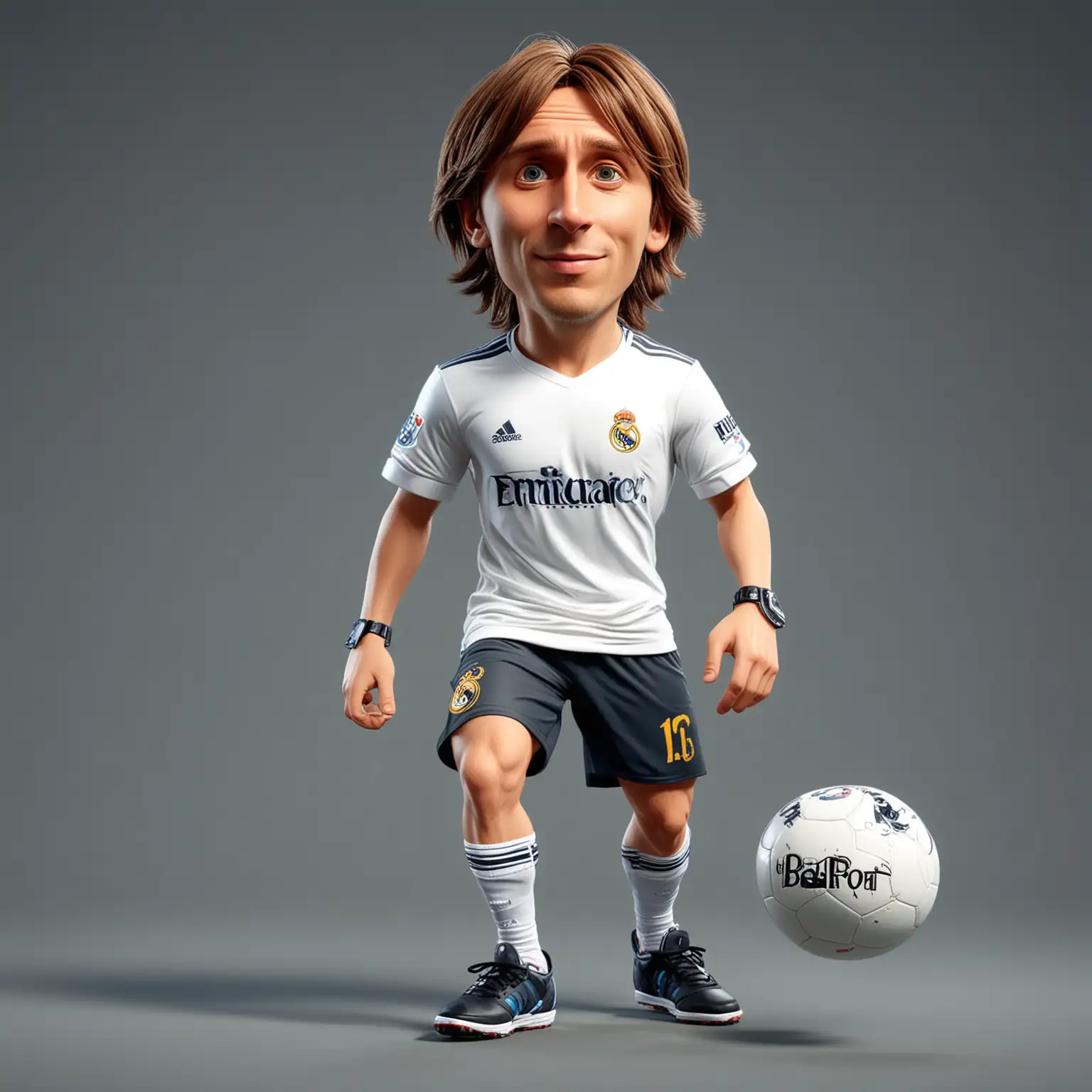 Draw the image of Luka Modrić
IN Real Madrid T-SHIRT , dribbling the ball ,

, 3d cartoon,wearing shoes,