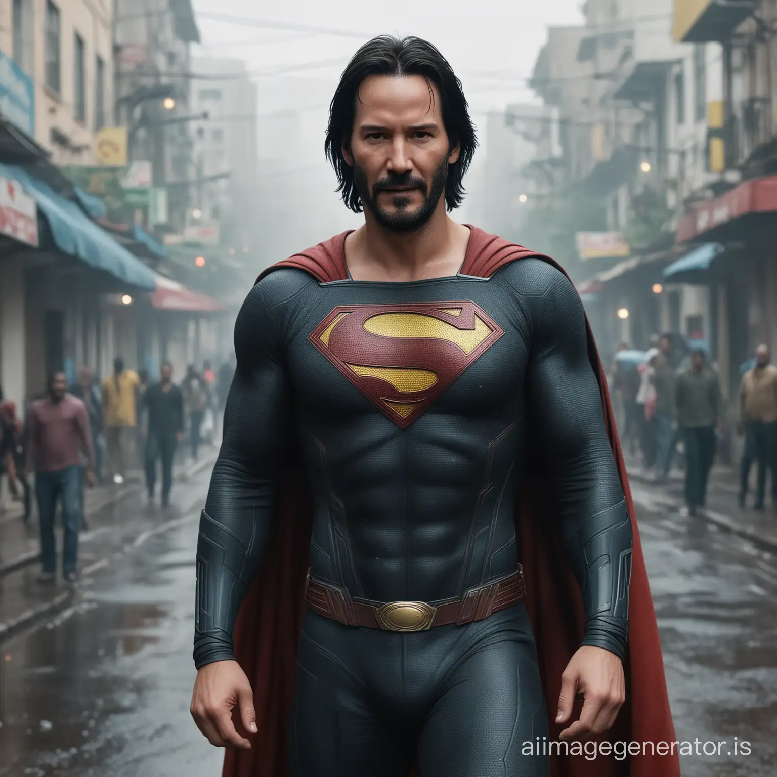 Keanu Reeves in Superman suit, he smile looking at the  camera, No Mask, semi full body, photorealistic, 16k photography, in foggy Brazil street as background, hyper detailed.