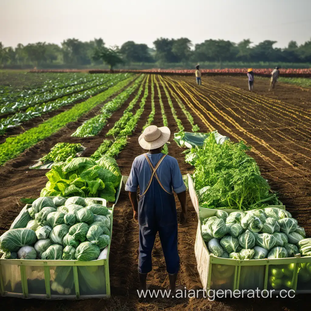 A farmer looks at his vegetable harvest field
