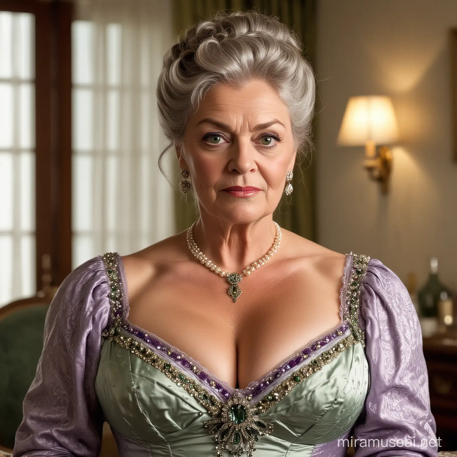 Aunt is an elderly old fashioned lady: She is the strict owner of the boardinghouse, a broad big Madame. 

She is voluptuous with warmth and her cleavage reveals her full bosom. Her hair is grey and purple and she has stern green eyes.

Here she is dressed in an elegant gown for dinner in a bourgeois style. 

