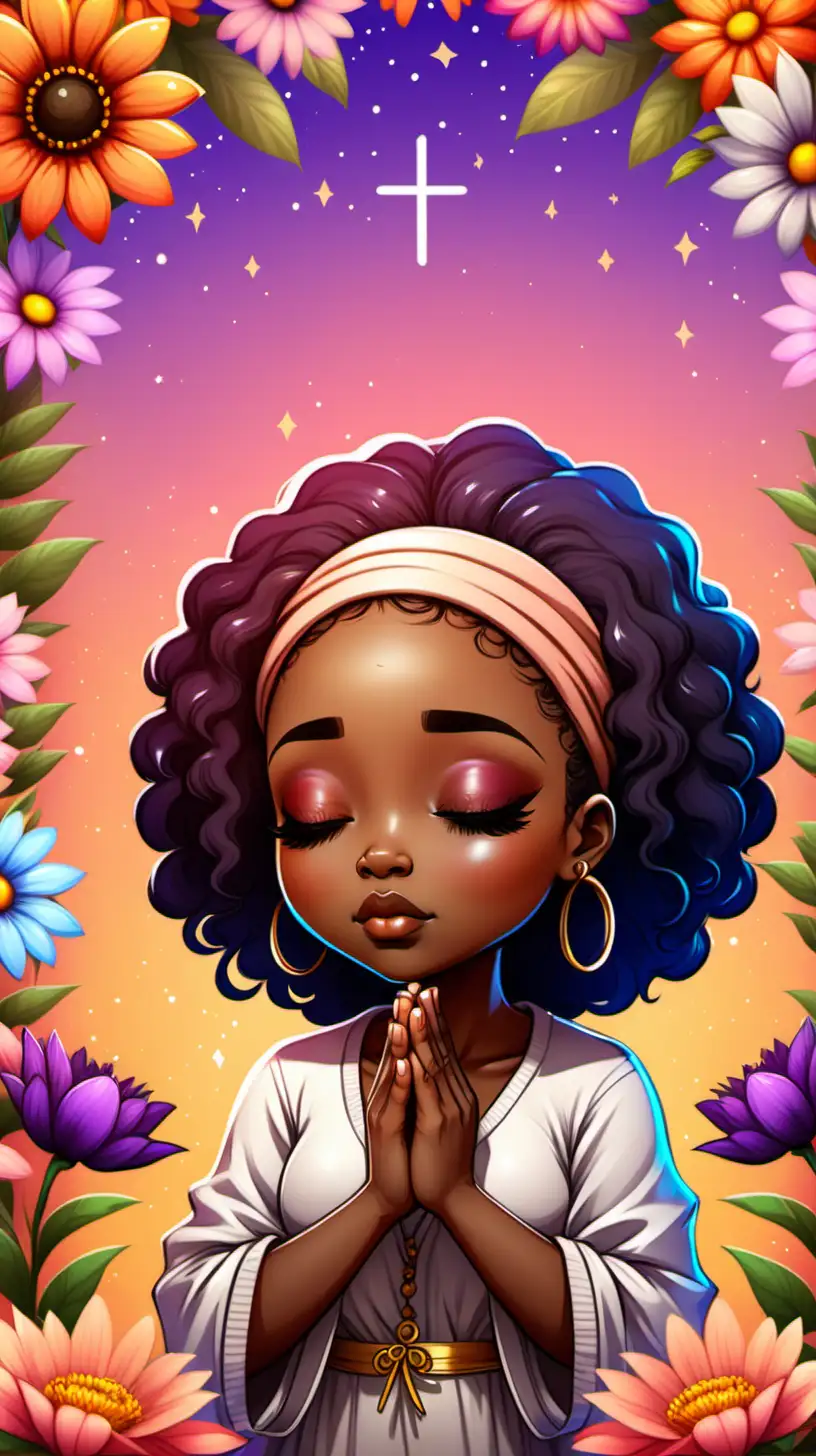 Beautiful african american chibi style woman praying with closed eyes Colorful background and flowers.