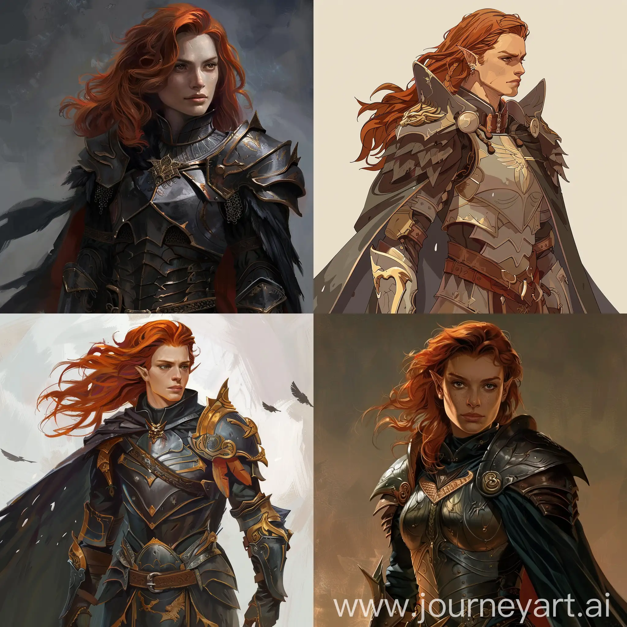 leader of the raven guild dnd,warrior with auburn hair,has a armor and a cape.