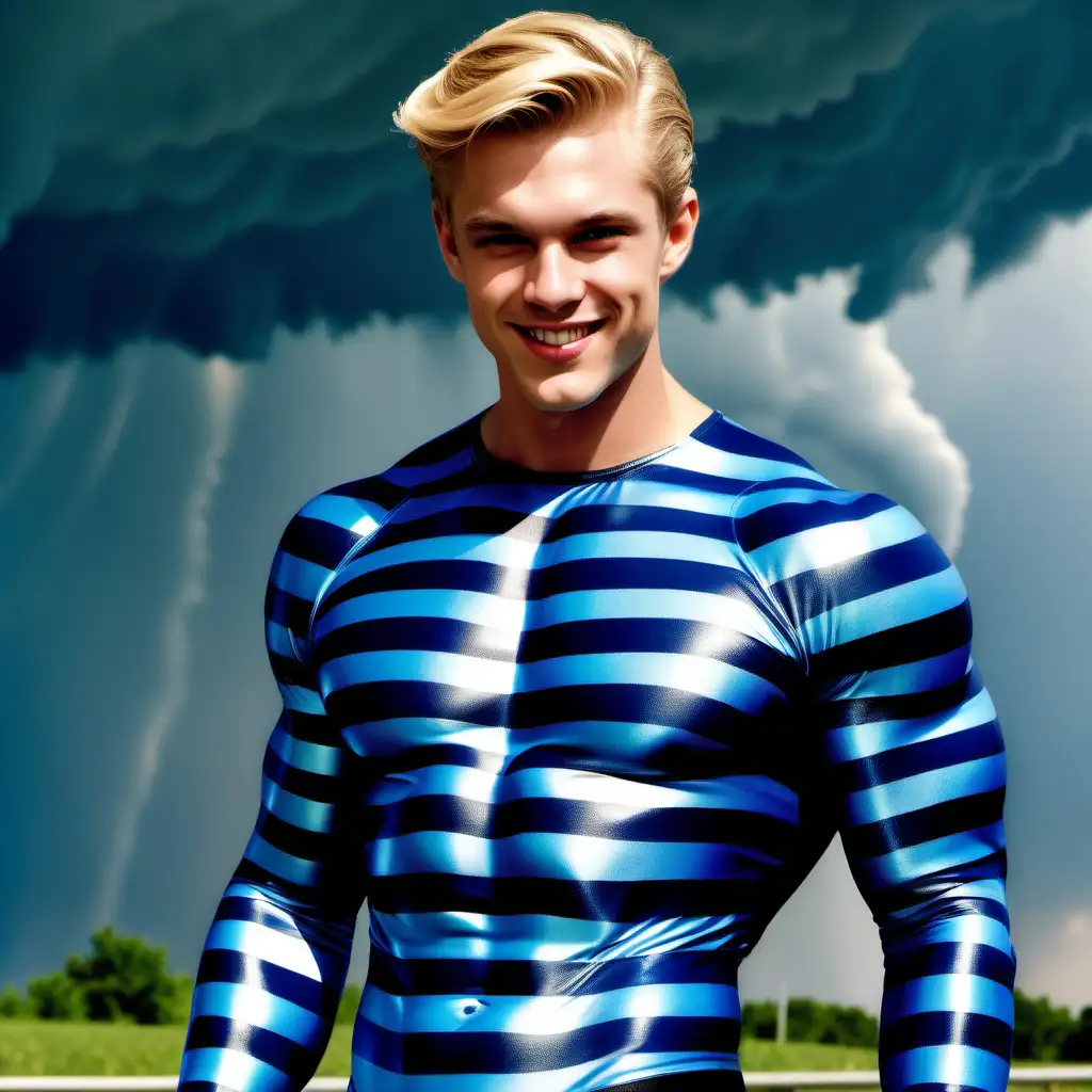 muscular blond young man, navy blue pacific blue skintight horizontal striped costume, smirking, tornado, Kentucky Louisville, day