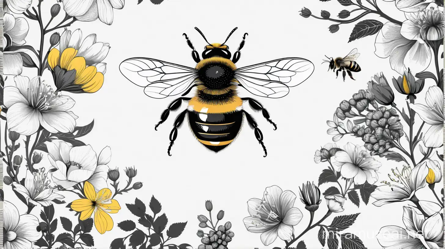 Monochrome Seamless Pattern of Flowers and Bees