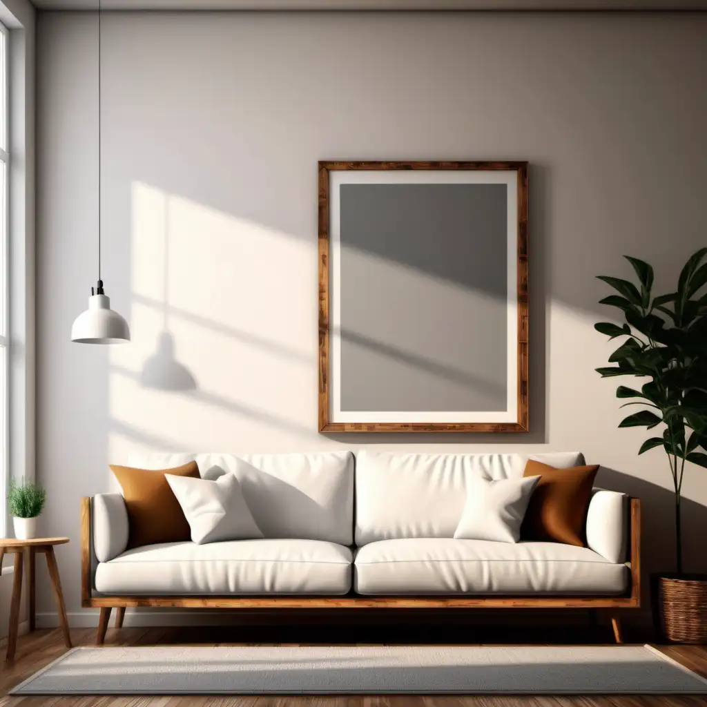 wooden poster white blank frame mockup, reflection, shadow overlay, cozy living room, farmhouse stlyle, warm room, 4K, exclude random objects,