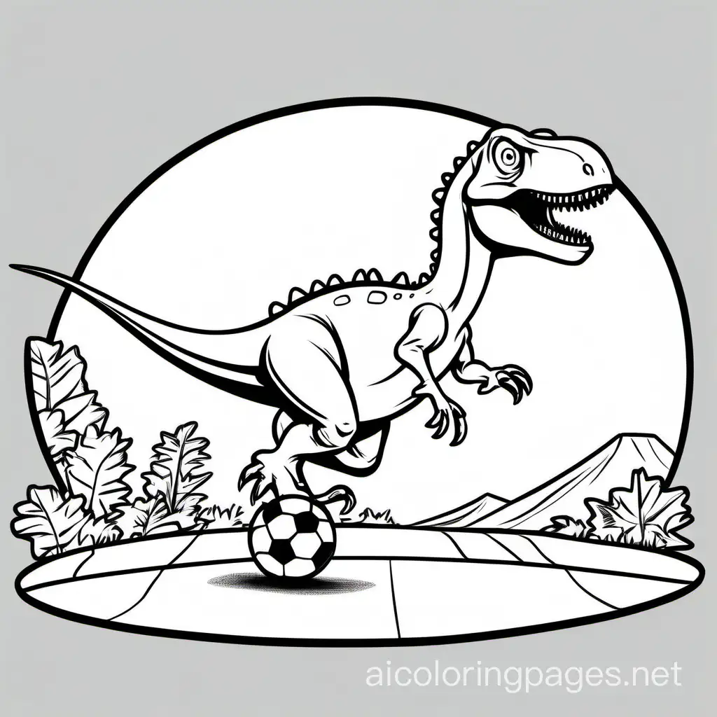 Achillobator dinosaur playing soccer , Coloring Page, black and white, line art, white background, Simplicity, Ample White Space. The background of the coloring page is plain white to make it easy for young children to color within the lines. The outlines of all the subjects are easy to distinguish, making it simple for kids to color without too much difficulty