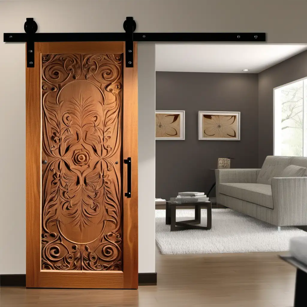 Intricately Carved Interior Barn Door Detailed Design Enhancing Rustic Charm