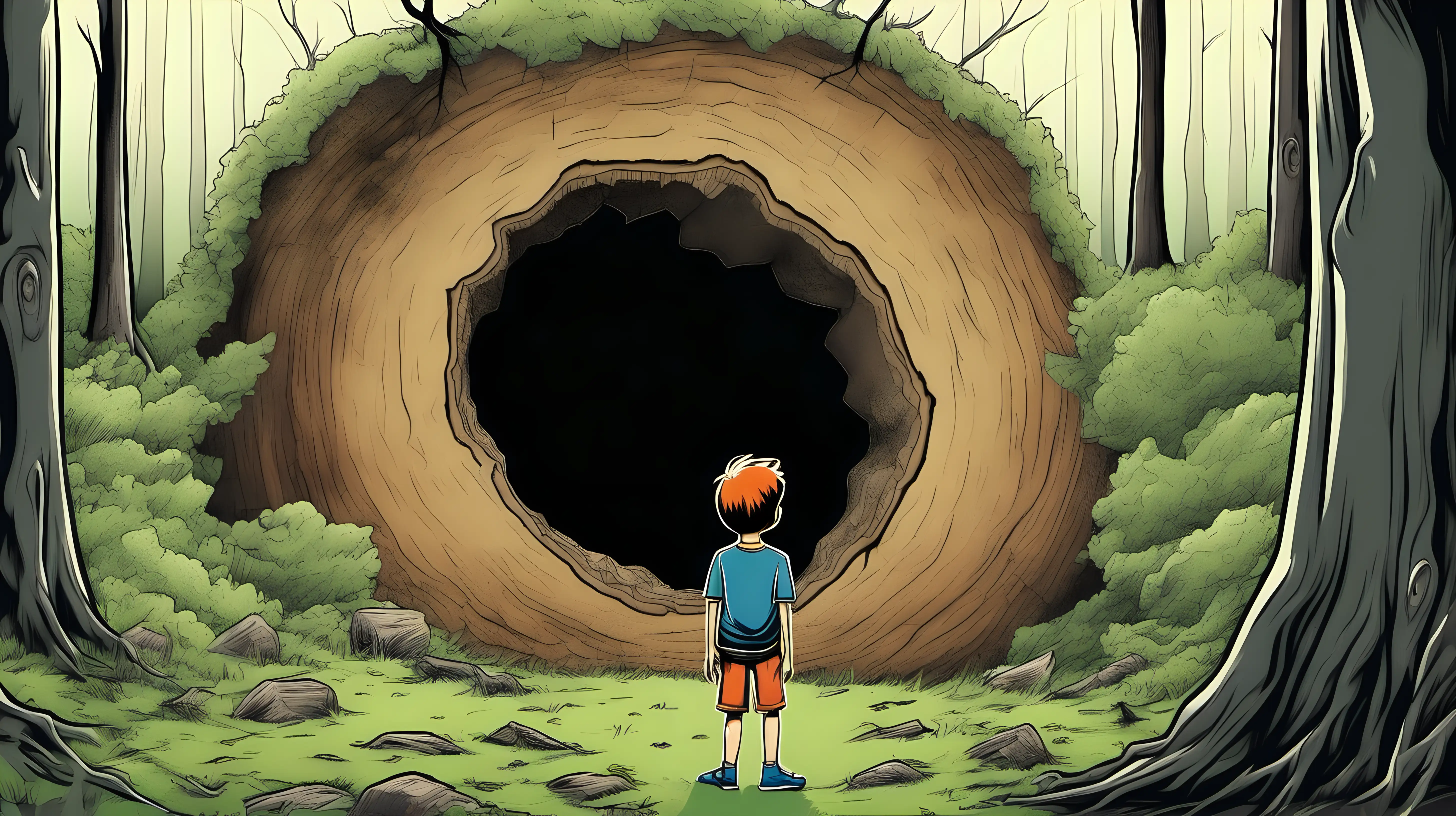 Boy Pointing to Enormous Hollow Tree in Forest