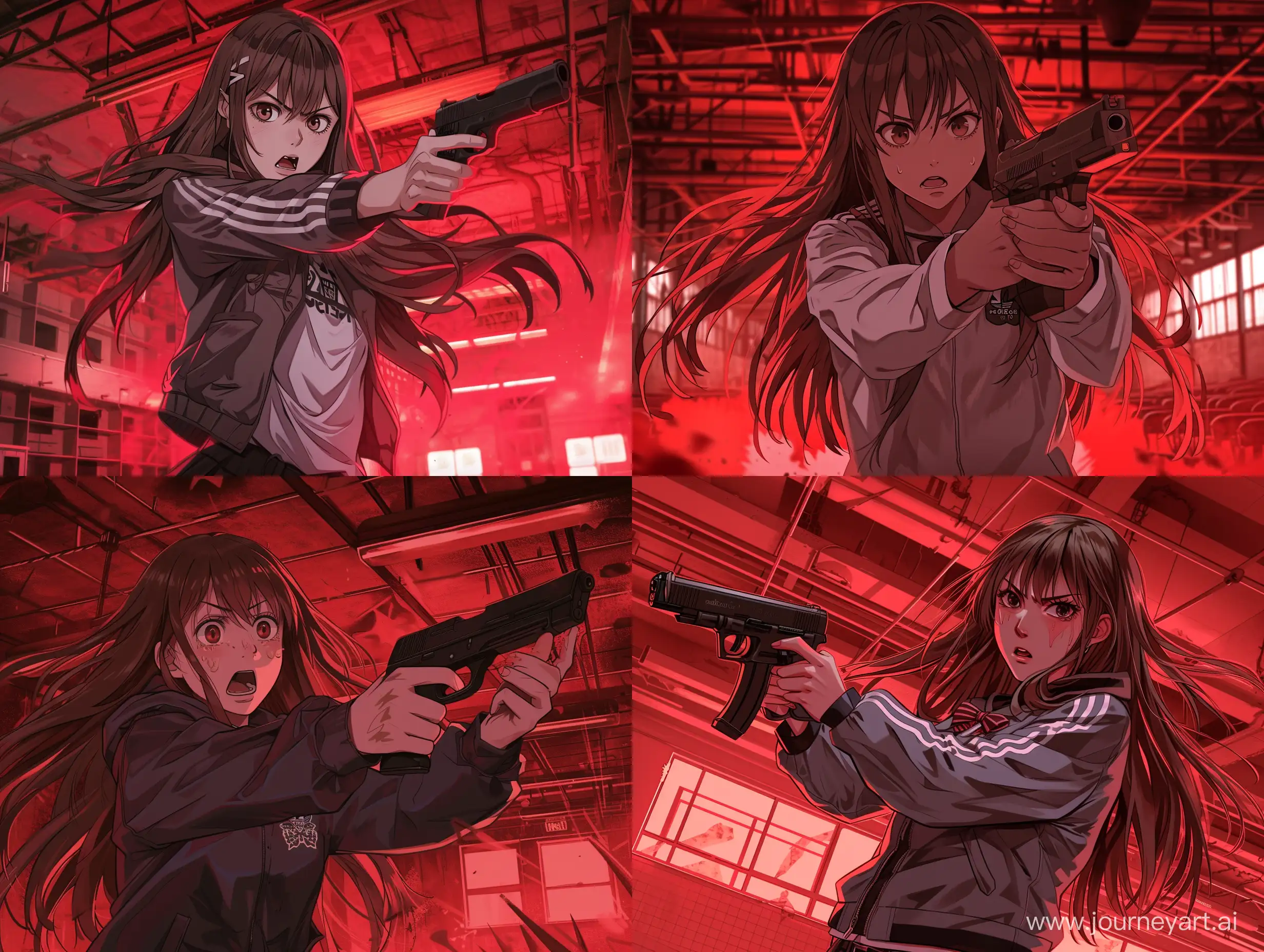 a russian girl of 16-17 years old with long brown loose hair in a school uniform and an adidas windbreaker with a gun in his hands and an anxious expression on his face, she is in an abandoned school, red creepy lighting, anime style