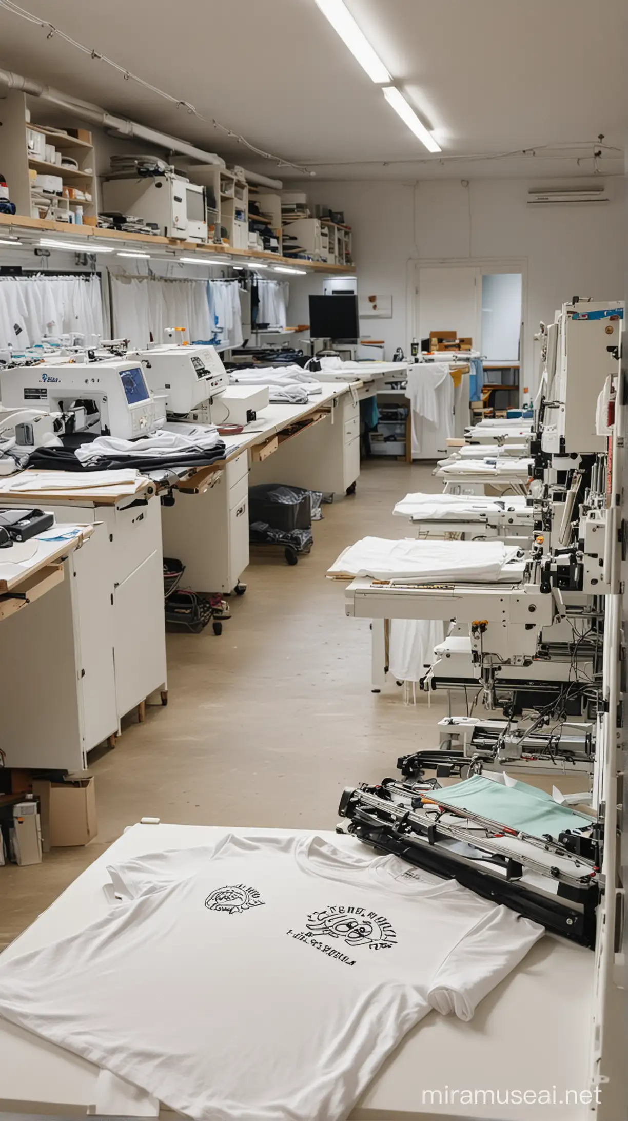 a photograph of a home embroidery and t-shirt print workshop. There are a couple of embroidery machines and a DTG printer making t-shirts. The workshop is in a spare room with no people in the image