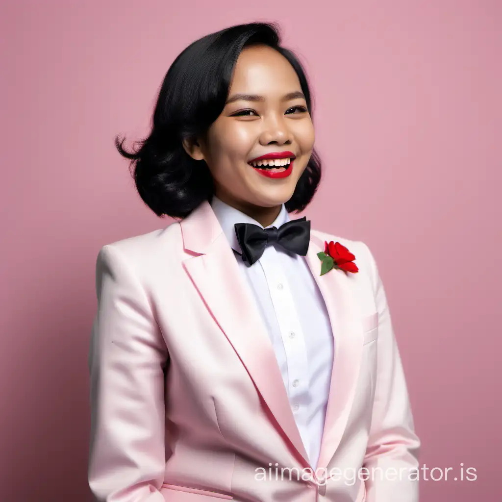 smiling and laughing indonesian woman with shoulder length hair wearing a light pink tuxedo, wearing a white shirt, wearing a black bow tie, wearing red lipstick
