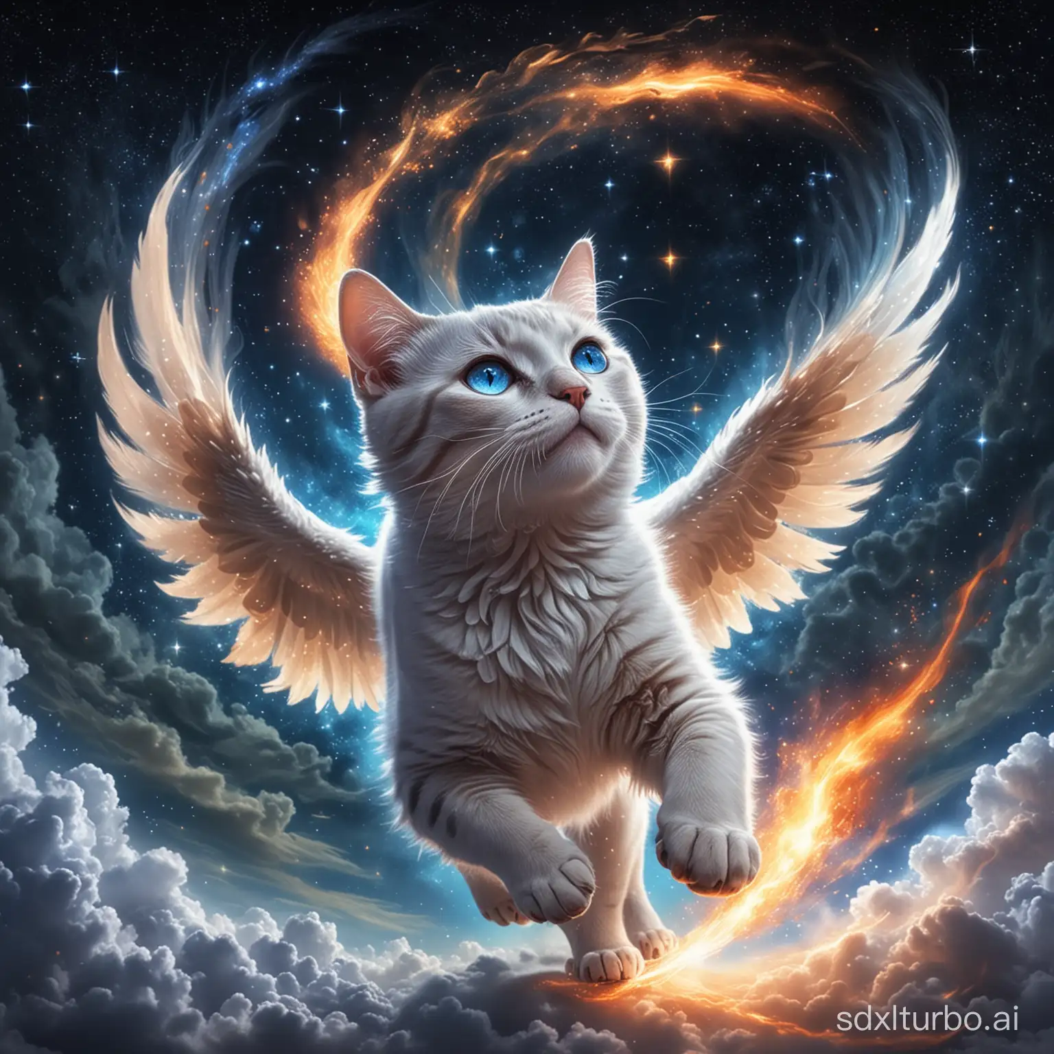 A cat with one wing, running in the starry sky, with a horn on its head, deep blue eyes, breathing fire, and its body transparent like crystal.