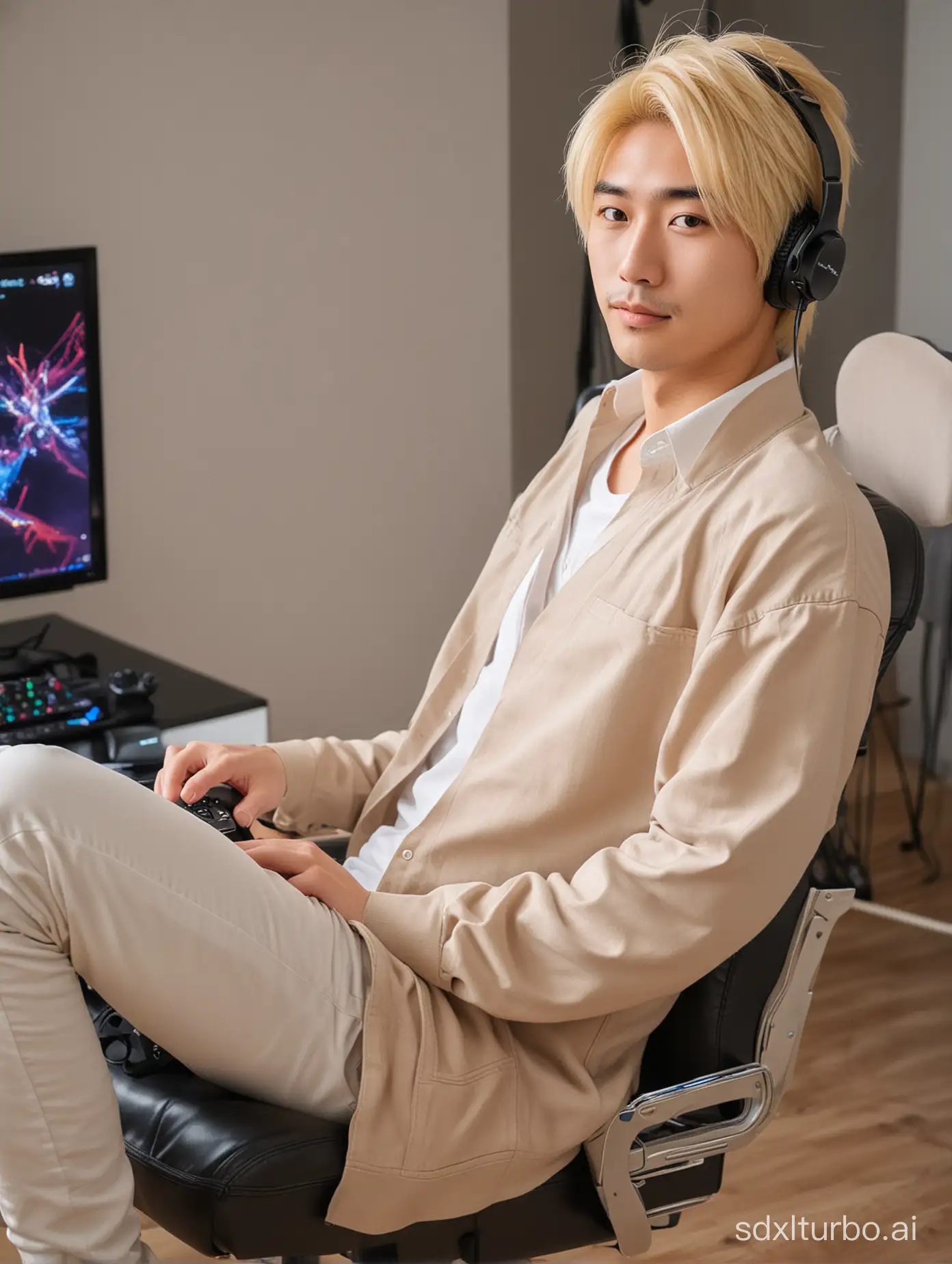 Japanese-Man-with-Blonde-Hair-Relaxing-in-Gaming-Chair