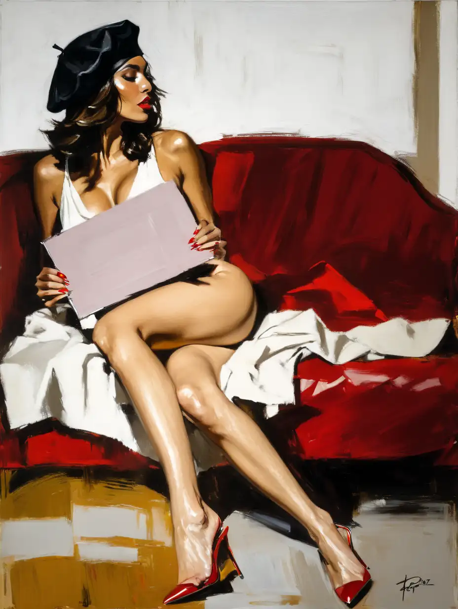  (naked:1.5) mixed woman , high heel , red beret , painting style  expressionism , jagged lines, painting by (Fabian Perez:1.3)